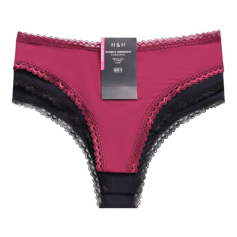 H&H Women's Micro and Lace G-String Briefs 3 Pack, Red Dark, hi-res