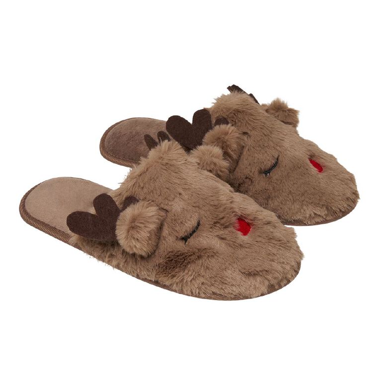 H&H Women's Reindeer Slippers, Brown, hi-res