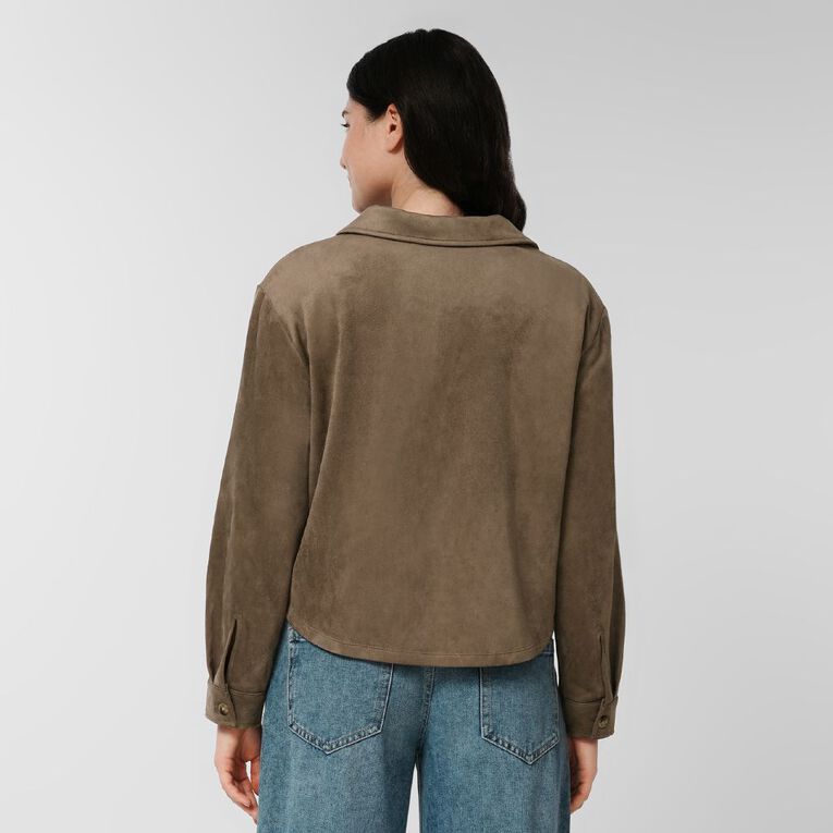 H&H Women's Long Sleeve Boxy Crop Suede Shirt, Brown Light, hi-res