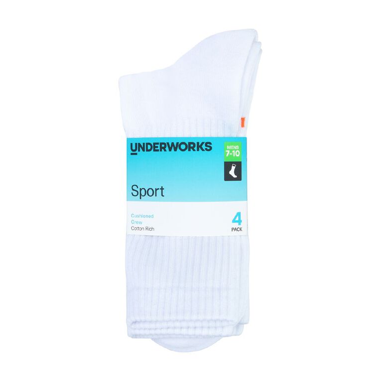 Underworks Men's Sport Crew Socks 4 Pack, White, hi-res