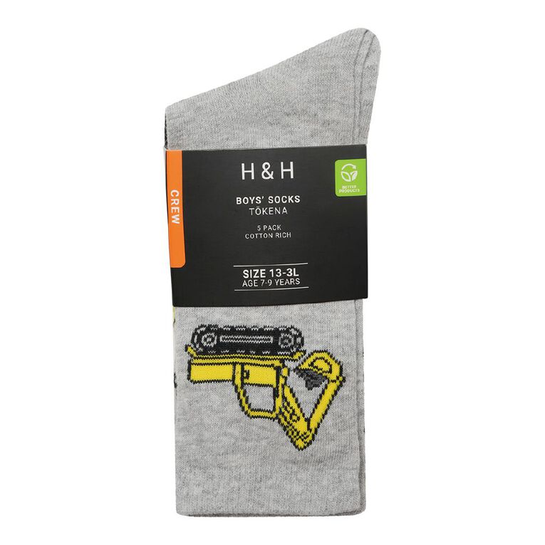 H&H Boys' Jacquard Crew Socks 5 Pack, Black/Yellow, hi-res