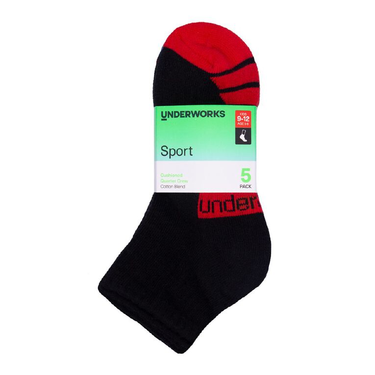 Underworks Kids' Quarter Crew Sport Socks 5 Pack, BBlack1, hi-res
