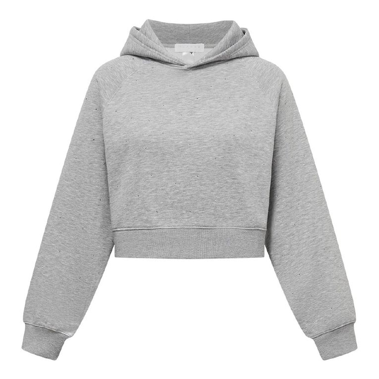 Garage Women's Cropped Diamante Studded Hoodie, Grey Marle, hi-res