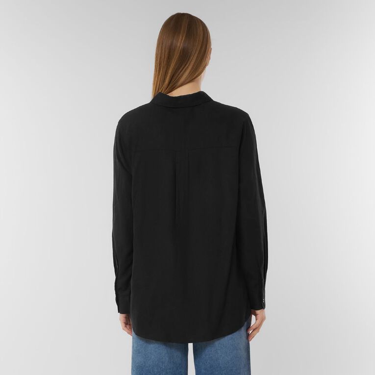 H&H Women's Long Sleeve Essential Linen Blend Shirt, Black, hi-res