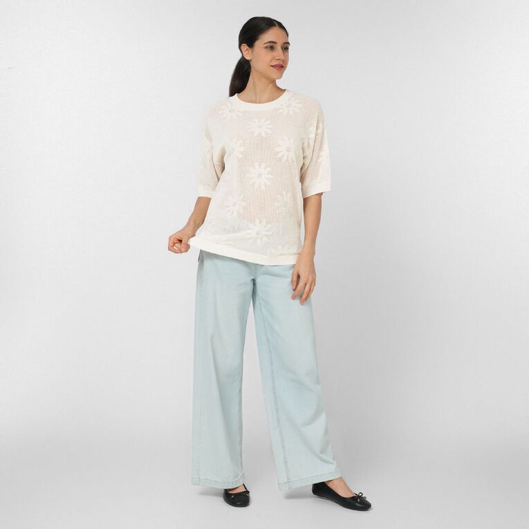 H&H Women's Amber Rixon Short Sleeve Crochet Flower Knit, Cream, hi-res