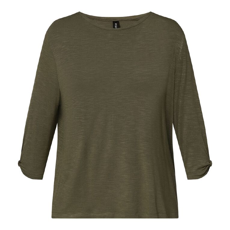 H&H Women's 3/4 Sleeve Knot Detail Top, Green Mid, hi-res