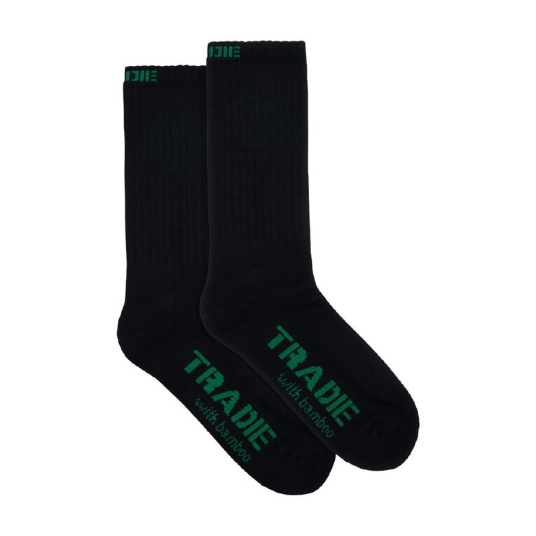 Tradie Men's Bamboo Rib Crew Socks 2 Pack, Black, hi-res