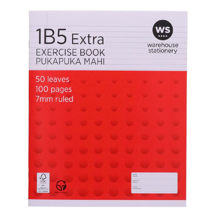 WS Exercise Book 1B5 7mm Ruled 50 Leaf Red Mid, , hi-res