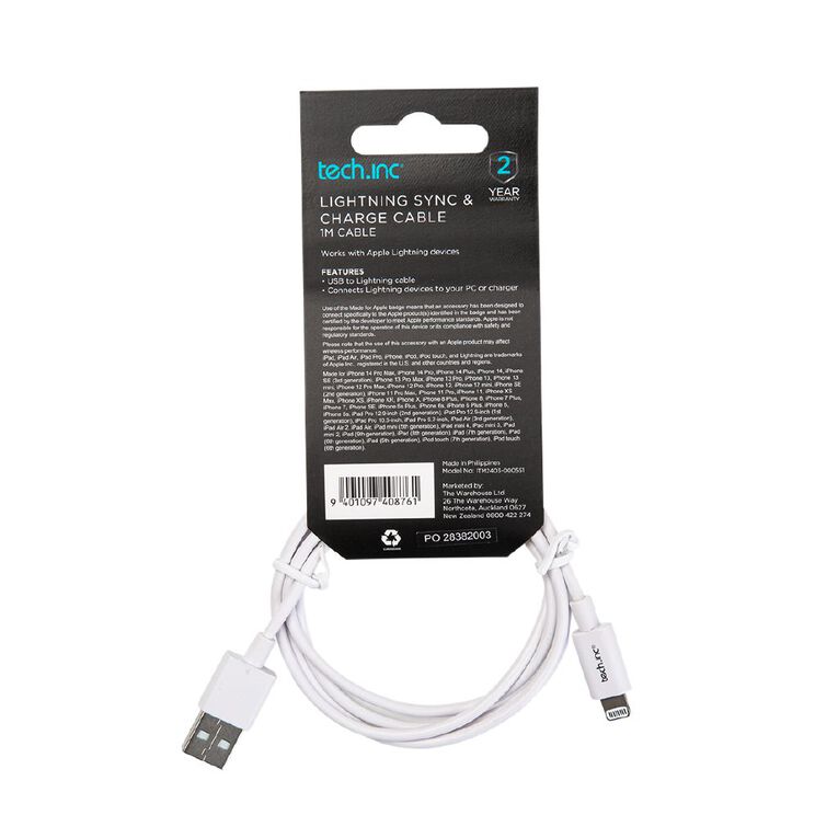 Tech.Inc USB A To Lightning Cable 1m White, , hi-res
