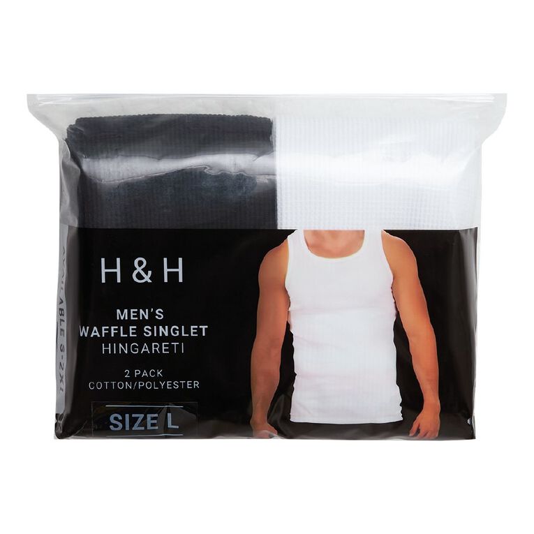 H&H Men's Waffle Singlet 2 Pack, Black/White, hi-res