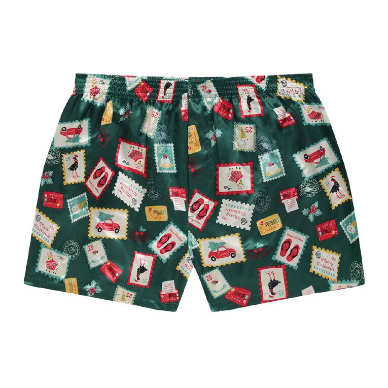 H&H Men's Printed Satin Boxer, Green Dark, hi-res