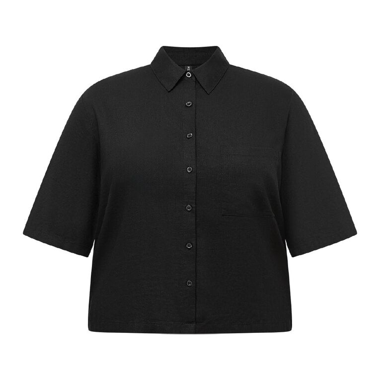 H&H Curve Women's Crop Linen Blend Shirt, Green Dark, hi-res