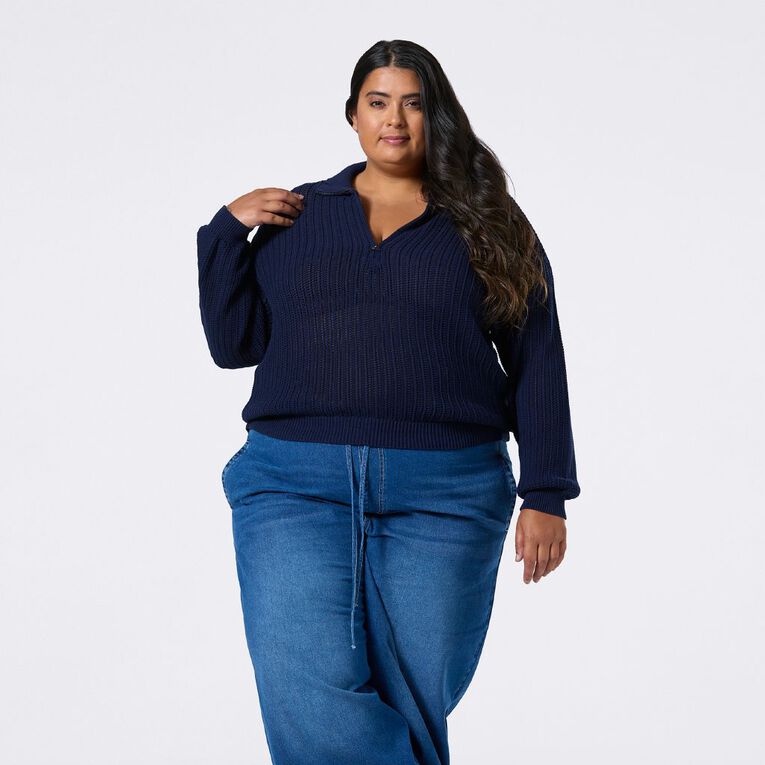H&H Curve Women's Crochet 3/4 Zip Knit, Navy, hi-res
