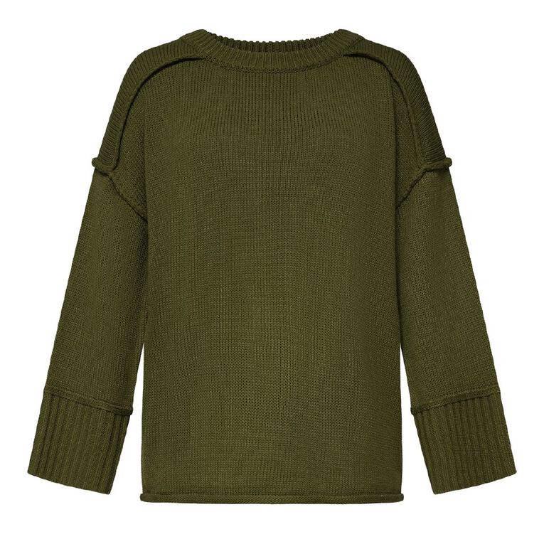 H&H Women's Long Chunky Knit With Contrast Stitch, Green Mid, hi-res