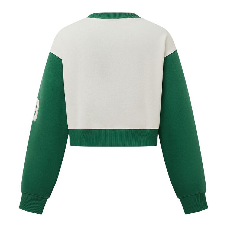 H&H Women's Long Sleeve Boxy Crop Contrast Crew, Green Mid, hi-res