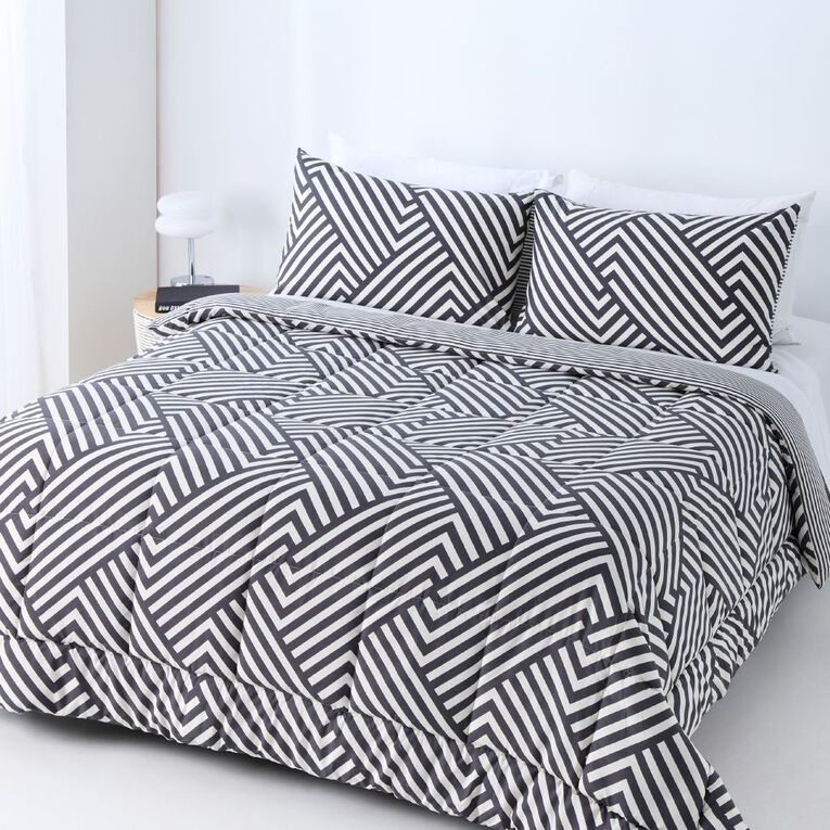 Living & Co 3 Piece Comforter Set Chevron Grey Queen, Grey, hi-res