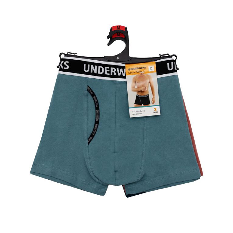 Underworks Men's Fly Front Trunks 3 Pack, Blue Dark, hi-res