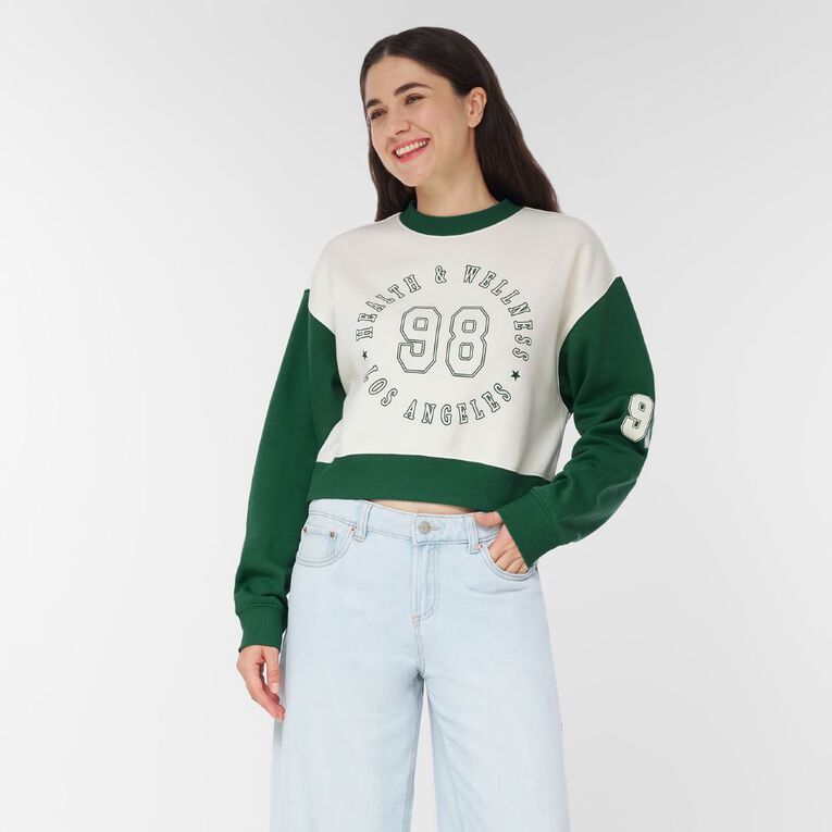 H&H Women's Long Sleeve Boxy Crop Contrast Crew, Green Mid, hi-res