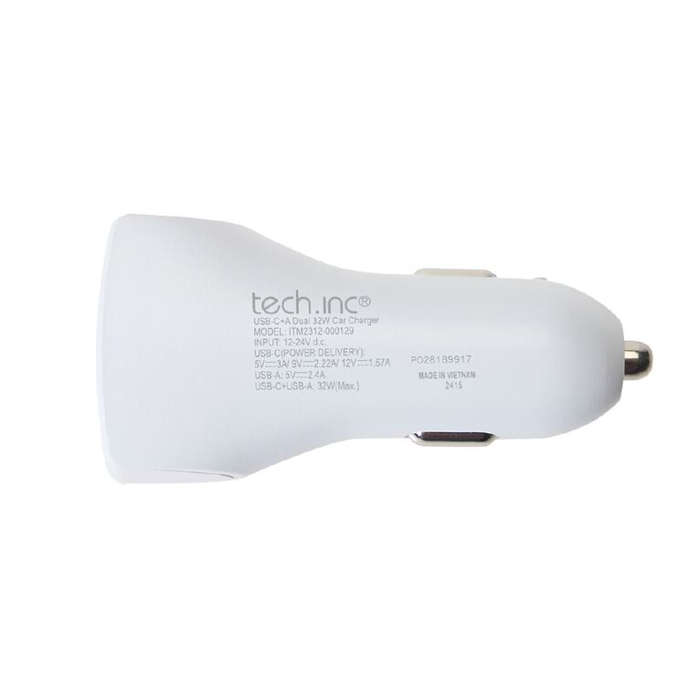 Tech.Inc USB-C + A 32W PD Dual Car Charger White, , hi-res