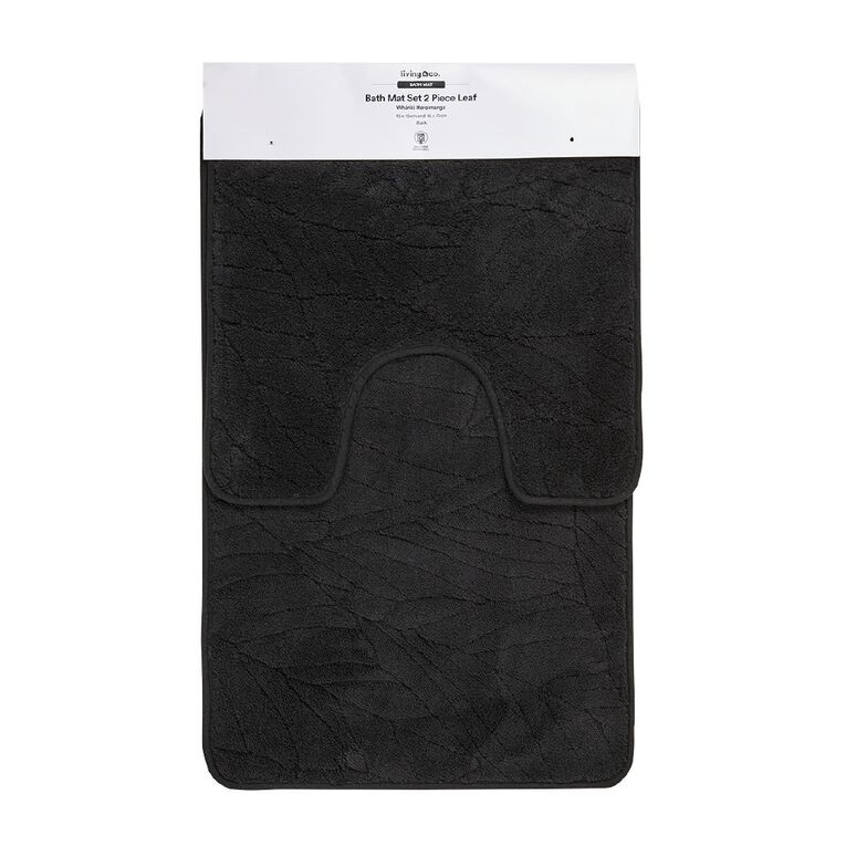 Living & Co Bath Mat Set Leaf 2 Piece Black 45cm x 75cm, , hi-res