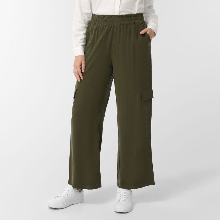 H&H Women's Twill Wide Leg Relaxed Cargo Pants, Green Dark, hi-res