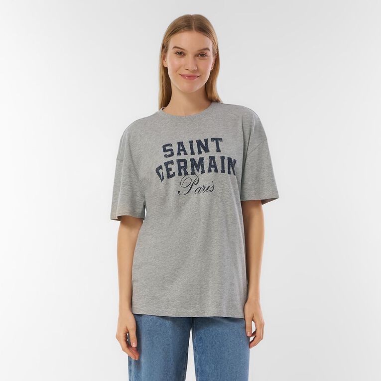 H&H Women's Short Sleeve Boyfriend Graphic Tee, Grey Marle, hi-res