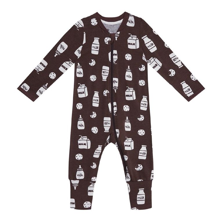 Young Original Babies' Zip-Thru Footless All-in-One, Brown Dark FOODIE, hi-res