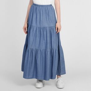H&H Women's Chambray Tiered Maxi Skirt