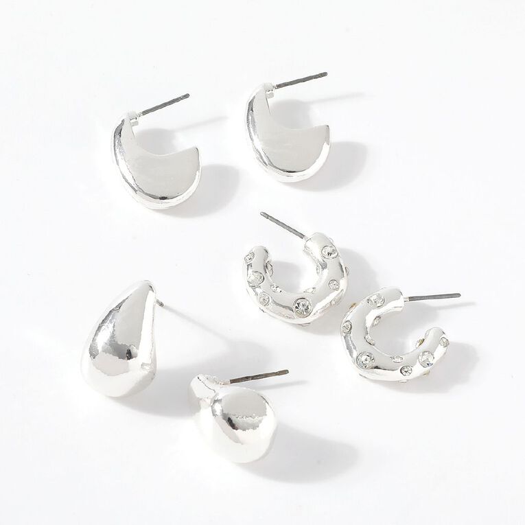 H&H Organic Textured Diamante Hoop Earrings 3 Pairs, , hi-res