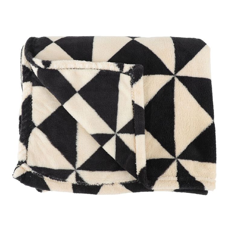 Living & Co Coral Fleece Printed Throw Black/White 127cm x 152cm, Black/White, hi-res