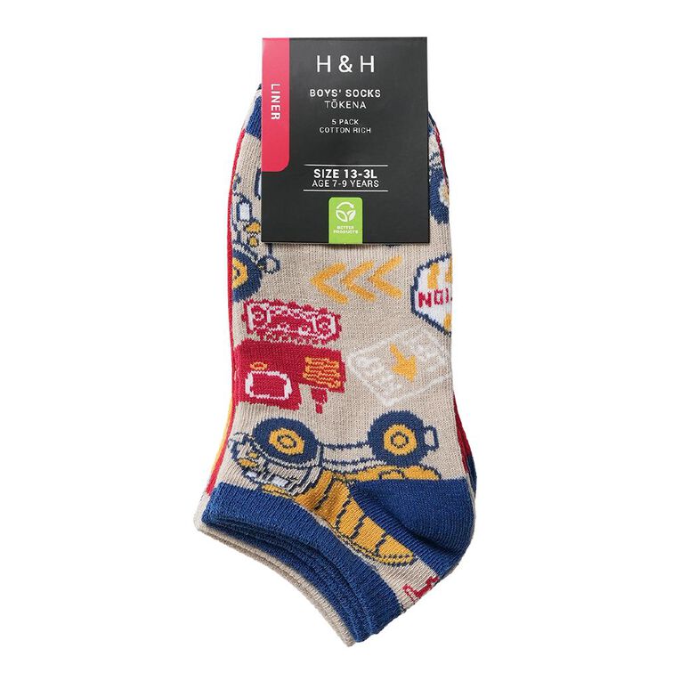 H&H Boys' Liner Jacquard Socks 5 Pack, Red Mid, hi-res