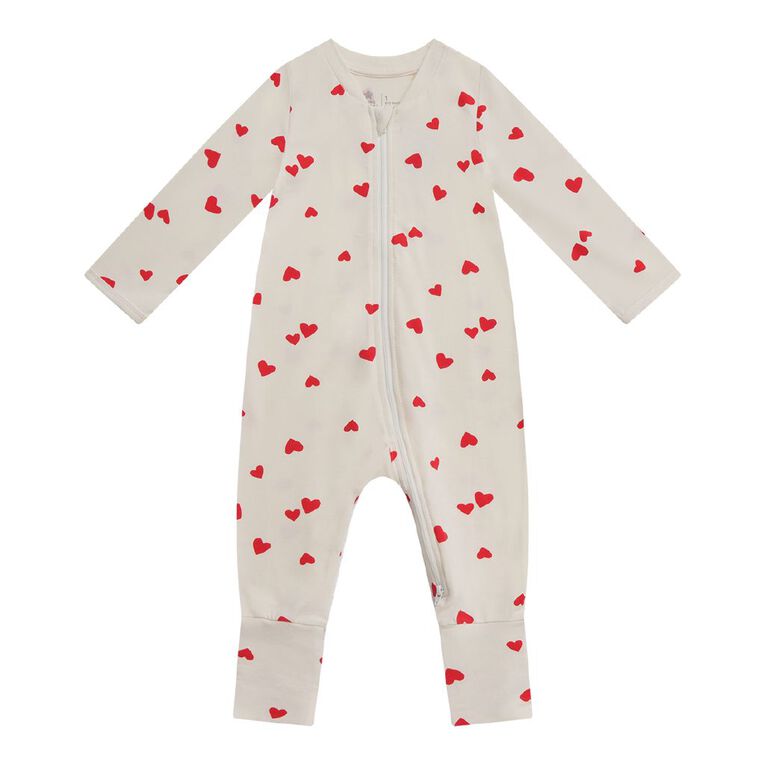 Young Original Babies' Zip-Thru Footless All-in-One, Cream HEARTS, hi-res