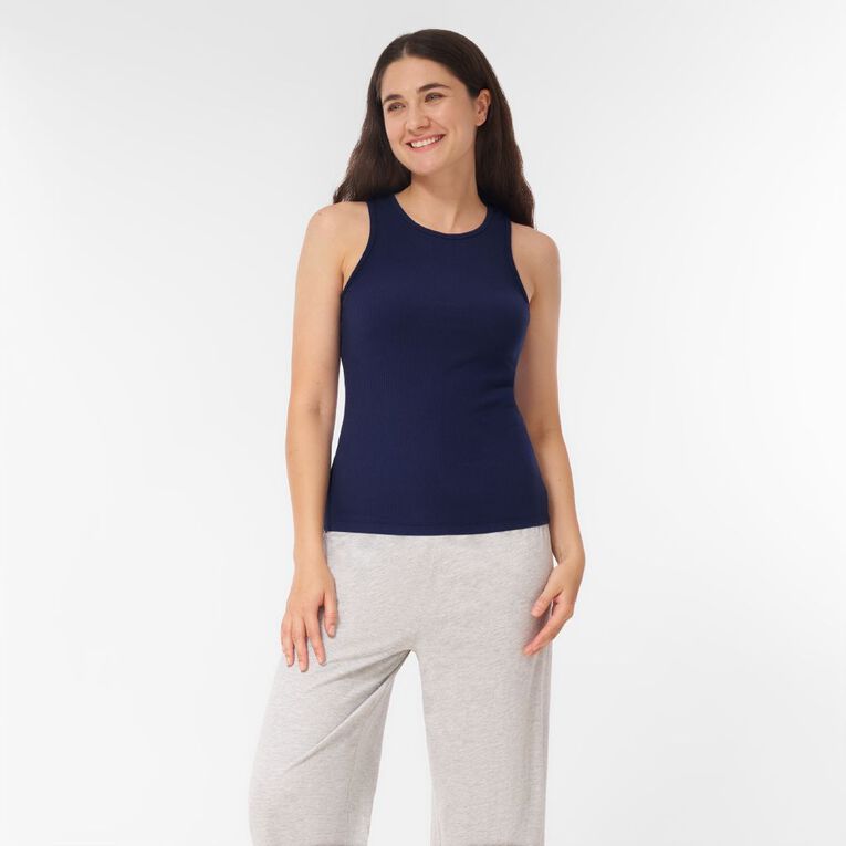 H&H Women's Rib Pyjamas Singlet, Blue Dark, hi-res