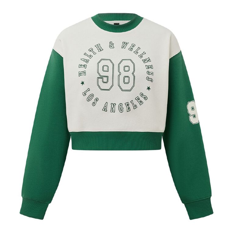 H&H Women's Long Sleeve Boxy Crop Contrast Crew, Green Mid, hi-res