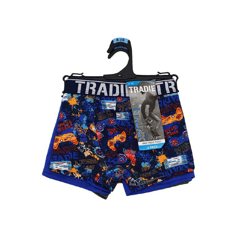Tradie Boys' Trunks 3 Pack, Blue/Navy, hi-res