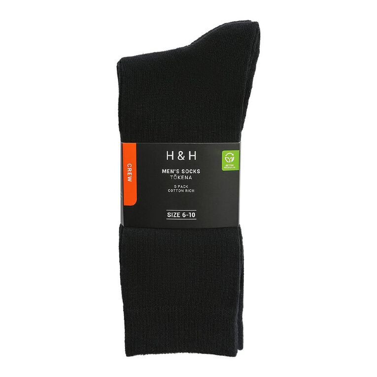 H&H Men's Plain Crew Socks 5 Pack, Black, hi-res