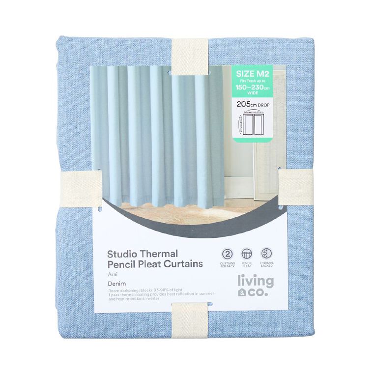 Living & Co Studio Curtains Blue Dark 150-230cm Wide/205cm Drop, , hi-res