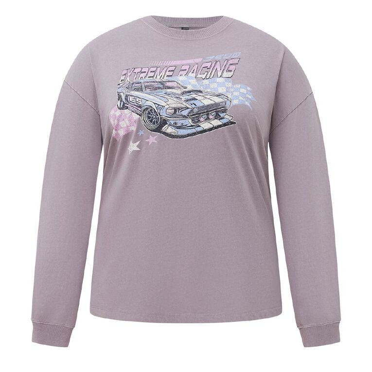 H&H Plus Women's Long Sleeve Boyfriend Graphic Top, Grey Mid, hi-res