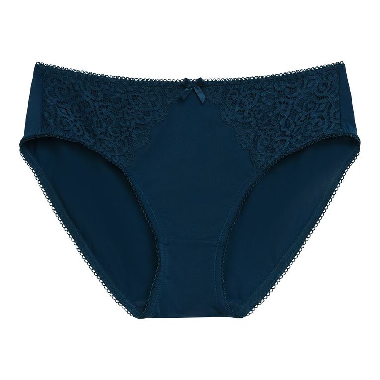 H&H Women's Bella Plain & Lace Bikini Briefs, Blue Dark, hi-res