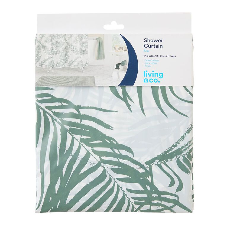 Living & Co Shower Curtain Leaves Green 180cm x 180cm, , hi-res