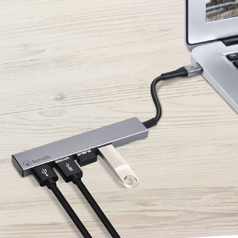 Bonelk Long Life USB C to 4 Port USB 3.0 Slim Hub Space Grey Grey, , hi-res
