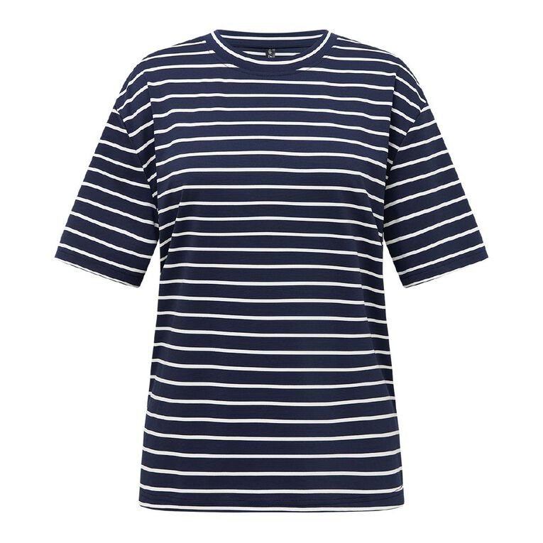 H&H Women's Short Sleeve Boxy Stripe Tee, Blue Dark, hi-res