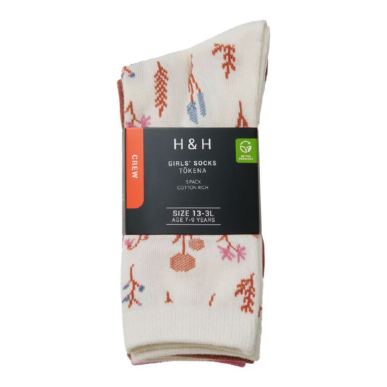 H&H Girls' Jacquard Crew Socks 5 Pack, Cream, hi-res