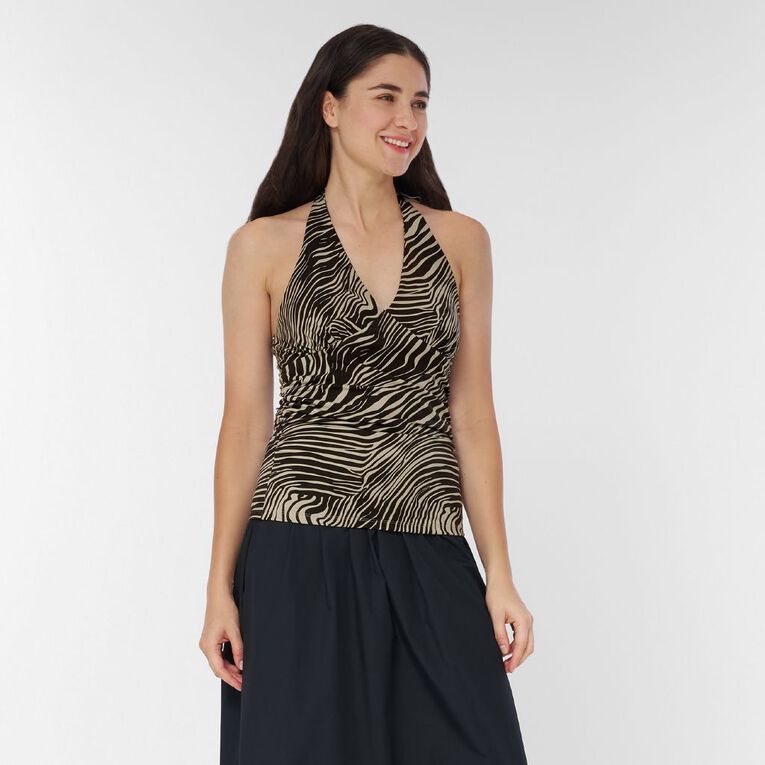 H&H Women's Contour Print Halter Neck Top, Brown Dark, hi-res