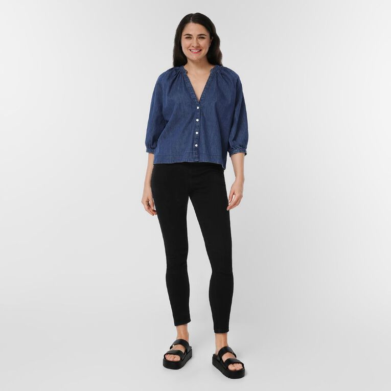 H&H Women's V-Neck Denim Shirt, Denim Mid, hi-res