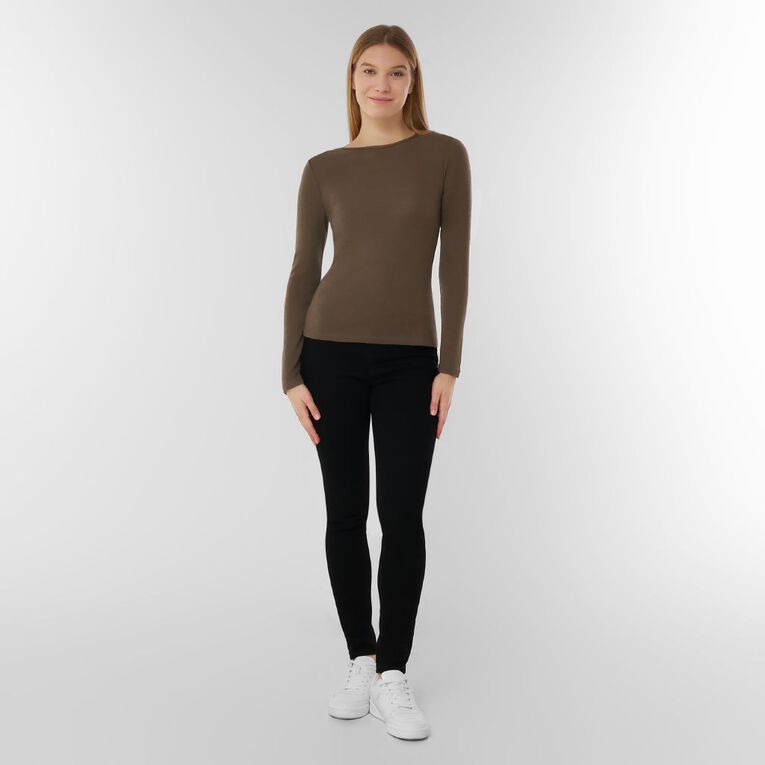 H&H Women's Merino Blend Crew Neck Top, Brown Mid, hi-res