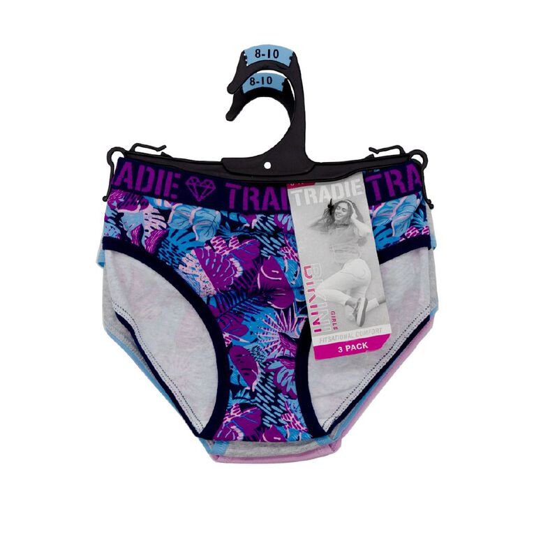 Tradie Girls' Bikini Briefs 3 Pack, Purple Mid, hi-res