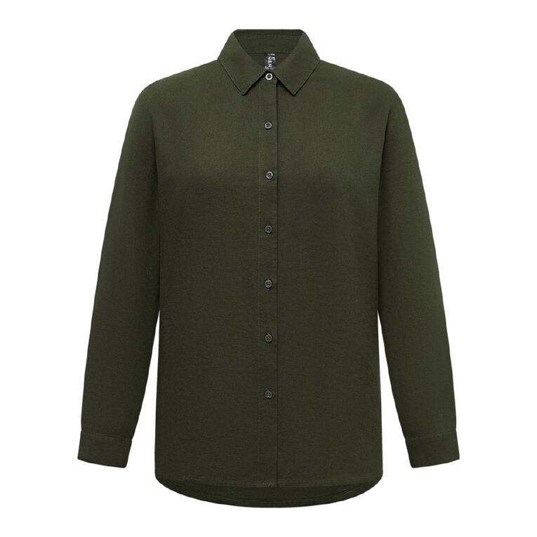 H&H Women's Long Sleeve Essential Linen Blend Shirt, Green Dark, hi-res