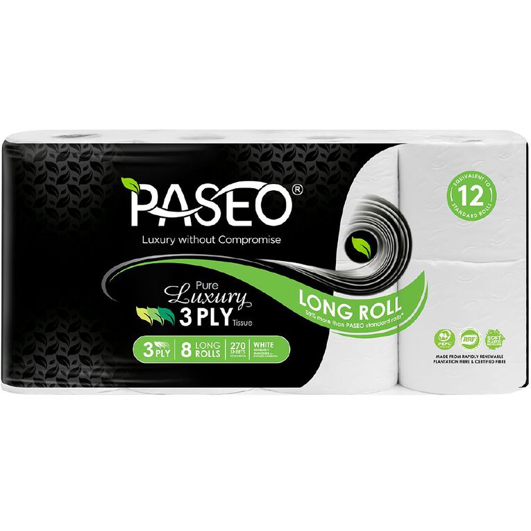 Paseo Luxury Toilet Paper Long Roll White 3-Ply White 8 Pack, , hi-res