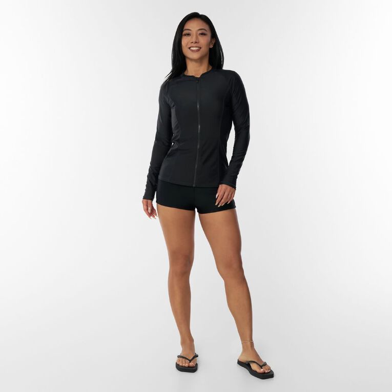 H&H Women's Long Sleeve Zip-Thru Rash Top, Black, hi-res